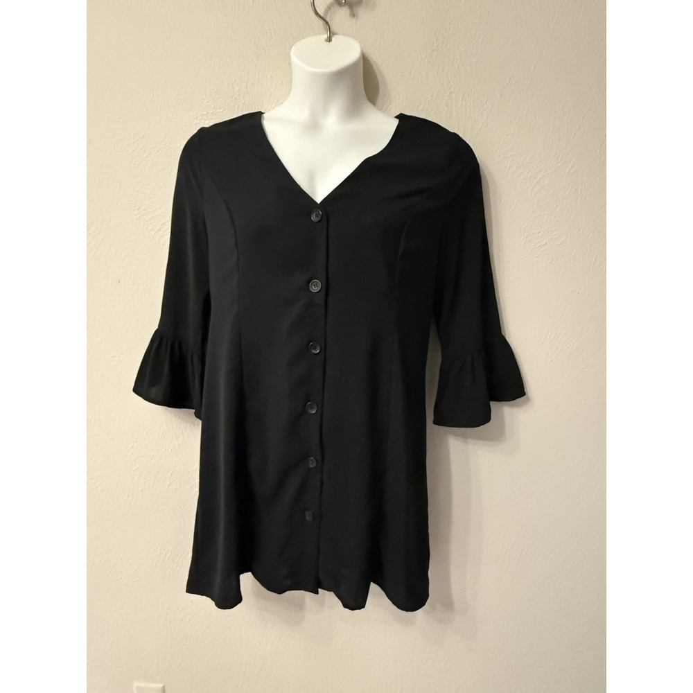 NWT Entro button front bell sleeve black mini dress size L office career minimal